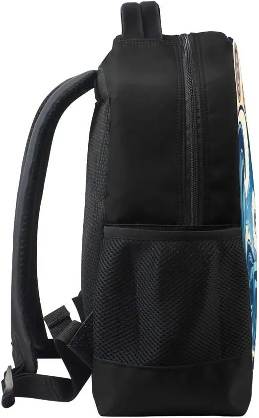 Kuizee Classic Backpack Schoolbag Adjustable Padded Shoulder Straps Daypack ﻿Big Waves Oocean Sea Art Nouveau Blue Casual Bags Durable College Daily 16Inch