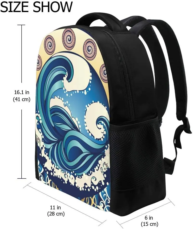 Kuizee Classic Backpack Schoolbag Adjustable Padded Shoulder Straps Daypack ﻿Big Waves Oocean Sea Art Nouveau Blue Casual Bags Durable College Daily 16Inch