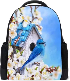 Kuizee Classic Backpack Schoolbag Adjustable Padded Shoulder Straps Daypack Blue Bird Titmouse Easter Holiday Sunny Day Casual Bags Durable College Daily 16Inch