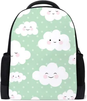 Kuizee Classic Backpack Schoolbag Adjustable Padded Shoulder Straps Daypack ﻿Cute Green Cartoon Face Cloud Dot Casual Bags Durable College Daily 16Inch