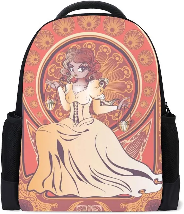Kuizee Classic Backpack Schoolbag Adjustable Padded Shoulder Straps Daypack ﻿Floral Frame Elegant Girl Vintage Retro Art Nouveau Orange Casual Bags Durable College Daily 16Inch