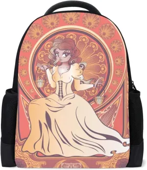 Kuizee Classic Backpack Schoolbag Adjustable Padded Shoulder Straps Daypack ﻿Floral Frame Elegant Girl Vintage Retro Art Nouveau Orange Casual Bags Durable College Daily 16Inch
