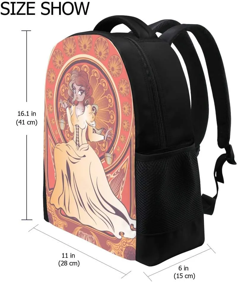 Kuizee Classic Backpack Schoolbag Adjustable Padded Shoulder Straps Daypack ﻿Floral Frame Elegant Girl Vintage Retro Art Nouveau Orange Casual Bags Durable College Daily 16Inch