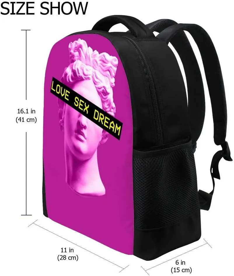 Kuizee Classic Backpack Schoolbag Adjustable Padded Shoulder Straps Daypack ﻿Plaster Head Sculpture Pink Retro Art Trendy Vaporwave Casual Bags Durable College Daily 16Inch