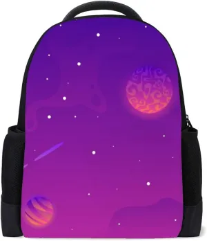 Kuizee Classic Backpack Schoolbag Adjustable Padded Shoulder Straps Daypack ﻿Purple Space Astronomy Cartoon Casual Bags Durable College Daily 16Inch