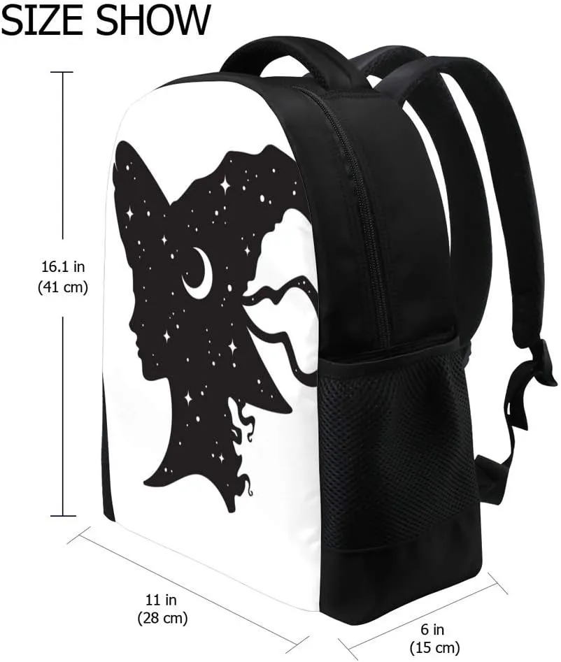 Kuizee Classic Backpack Schoolbag Adjustable Padded Shoulder Straps Daypack ﻿Silhouette Witch Girl Hat With Crescent Moon Stars Black Casual Bags Durable College Daily 16Inch
