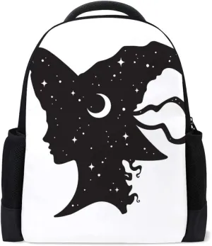 Kuizee Classic Backpack Schoolbag Adjustable Padded Shoulder Straps Daypack ﻿Silhouette Witch Girl Hat With Crescent Moon Stars Black Casual Bags Durable College Daily 16Inch