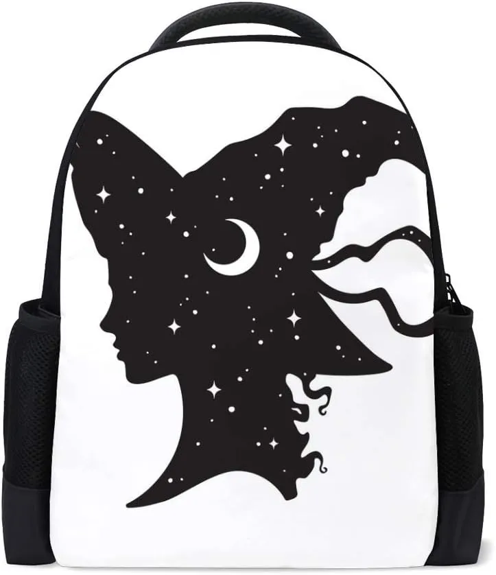 Kuizee Classic Backpack Schoolbag Adjustable Padded Shoulder Straps Daypack ﻿Silhouette Witch Girl Hat With Crescent Moon Stars Black Casual Bags Durable College Daily 16Inch