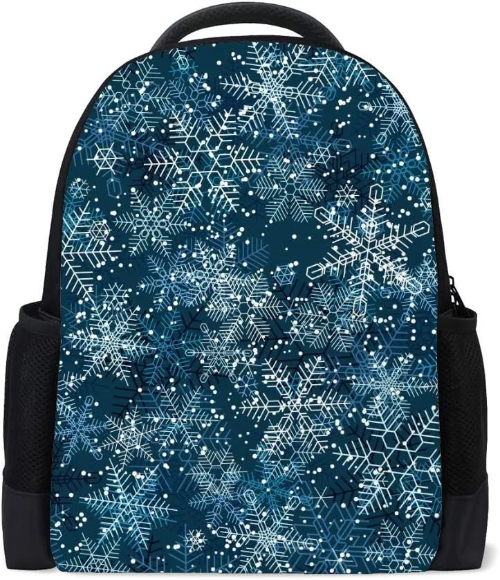 Kuizee Classic Backpack Schoolbag Adjustable Padded Shoulder Straps Daypack ﻿Winter Night Winter Snowflakes Snowfall Blue Casual Bags Durable College Daily 16Inch