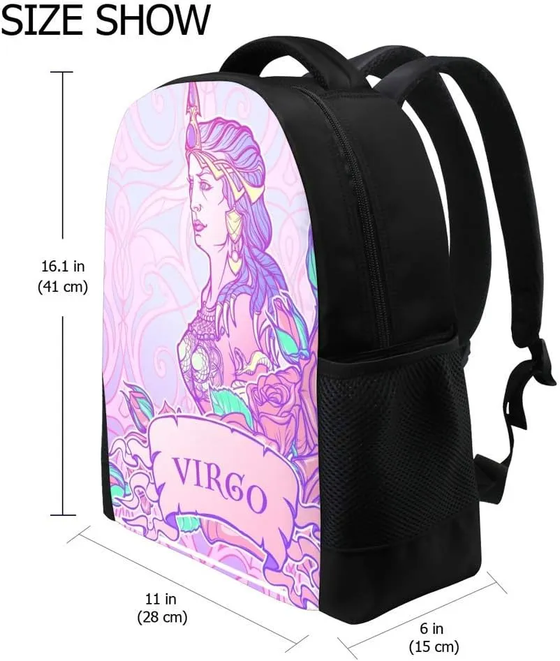 Kuizee Classic Backpack Schoolbag Adjustable Padded Shoulder Straps Daypack ﻿Zodiac Nouveau Virgo Sign Fantastic Astrology Pastel Pink Casual Bags Durable College Daily 16Inch