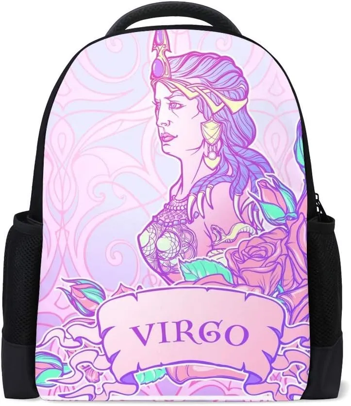 Kuizee Classic Backpack Schoolbag Adjustable Padded Shoulder Straps Daypack ﻿Zodiac Nouveau Virgo Sign Fantastic Astrology Pastel Pink Casual Bags Durable College Daily 16Inch
