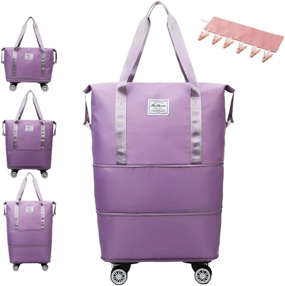 Kulken Travel Bag with Wheels, 2025 New Large Capacity Travel Bag,Universal Wheel Removable, Foldie Travel Bag Expandable, Convertible Womens Duffle Bags for Traveling, with Clothespin(Purple)