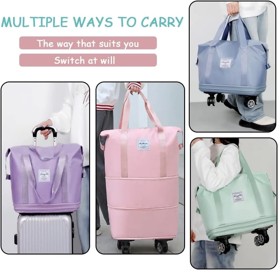 Kulken Travel Bag with Wheels, Foldable and Expandable Rolling Tote Bag, Large Capacity Detachable Universal Wheel Duffle Bag(Pink)