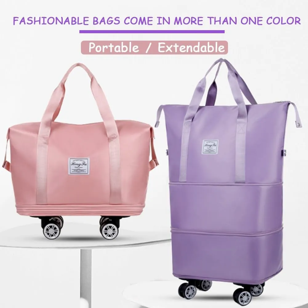 Kulken Travel Bag with Wheels, Foldable and Expandable Rolling Tote Bag, Large Capacity Detachable Universal Wheel Duffle Bag(Pink)