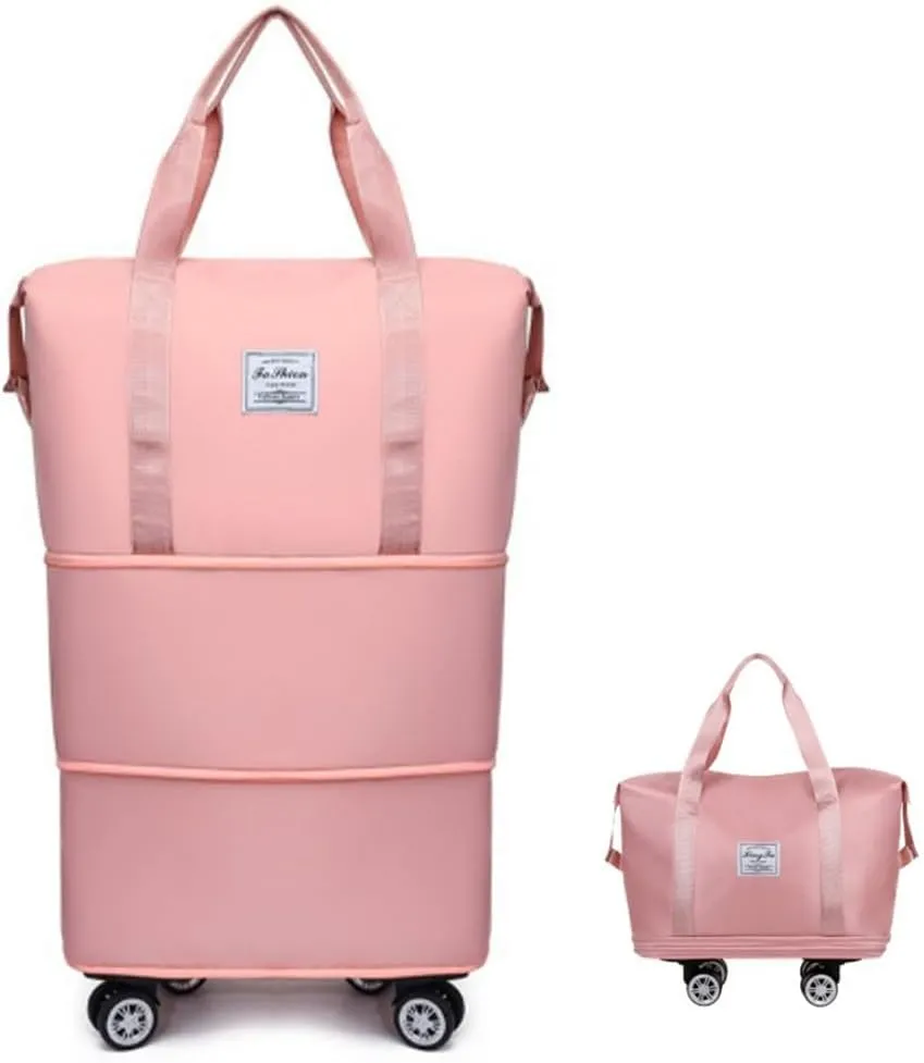 Kulken Travel Bag with Wheels, Foldable and Expandable Rolling Tote Bag, Large Capacity Detachable Universal Wheel Duffle Bag(Pink)