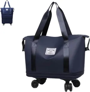 Kulken Travel Bag with Wheels, Large Expandable Foldable Duffel Bag, Waterproof Wet and Dry Separation, Universal Wheel Removable (Dark Blue)