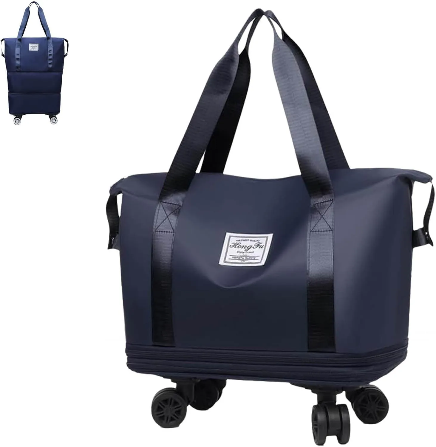 Kulken Travel Bag with Wheels, Large Expandable Foldable Duffel Bag, Waterproof Wet and Dry Separation, Universal Wheel Removable (Dark Blue)