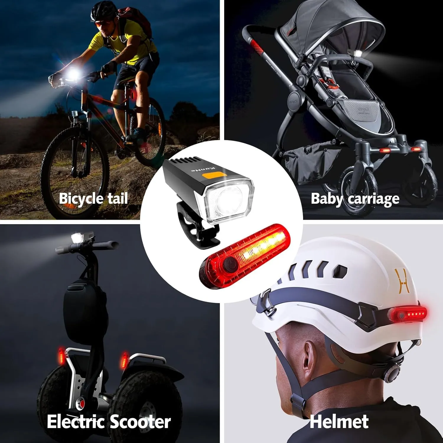 Kunhe USB-C Rechargeable Bike Lights Front and Rear(2or4 or 10 Packs) Night Riding for Kids &Adults 3 Lights Modes Used as a Safety Indicator Light for Skateboards Strollers and Wheelchairs