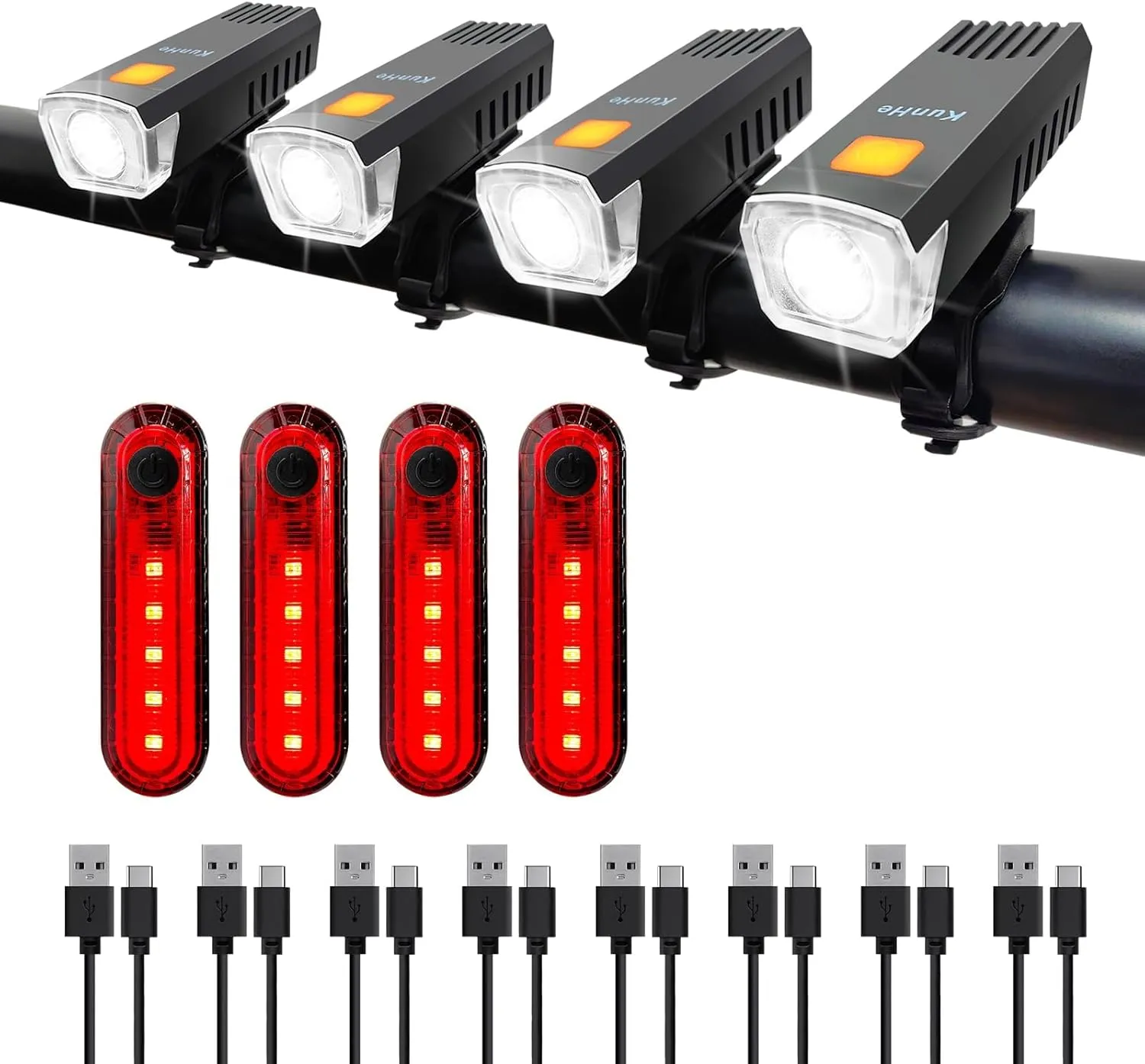 Kunhe USB-C Rechargeable Bike Lights Front and Rear(2or4 or 10 Packs) Night Riding for Kids &Adults 3 Lights Modes Used as a Safety Indicator Light for Skateboards Strollers and Wheelchairs