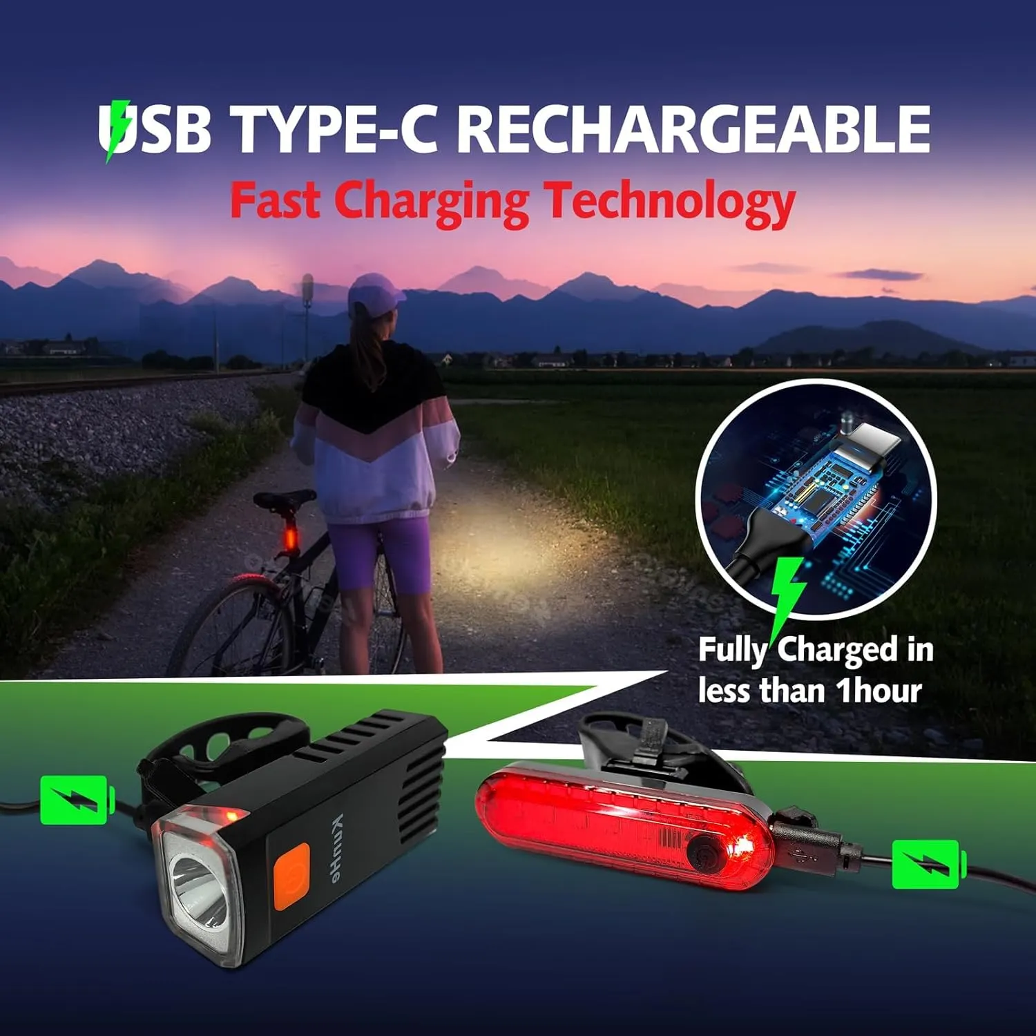 Kunhe USB-C Rechargeable Bike Lights Front and Rear(2or4 or 10 Packs) Night Riding for Kids &Adults 3 Lights Modes Used as a Safety Indicator Light for Skateboards Strollers and Wheelchairs