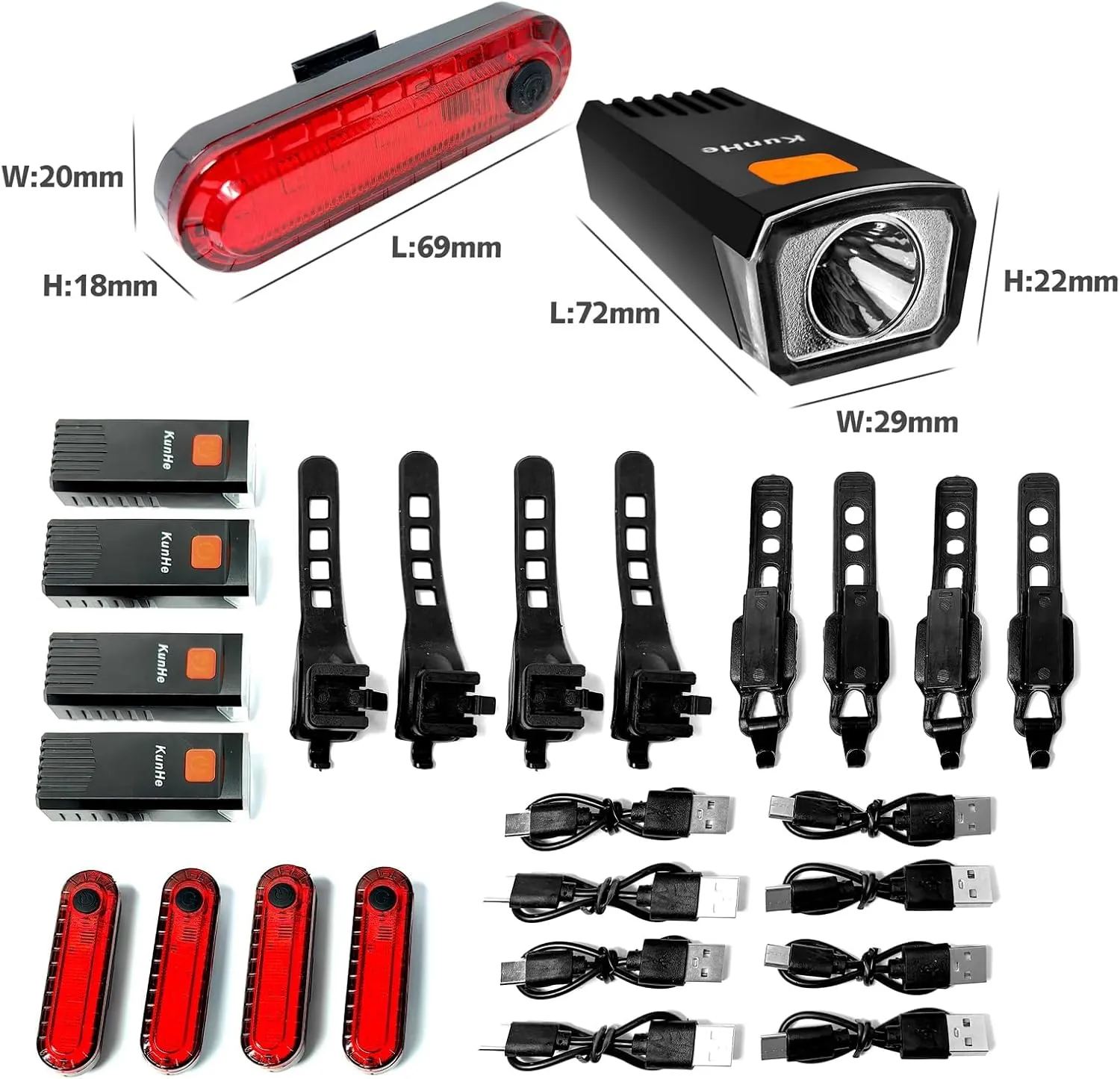 Kunhe USB-C Rechargeable Bike Lights Front and Rear(2or4 or 10 Packs) Night Riding for Kids &Adults 3 Lights Modes Used as a Safety Indicator Light for Skateboards Strollers and Wheelchairs