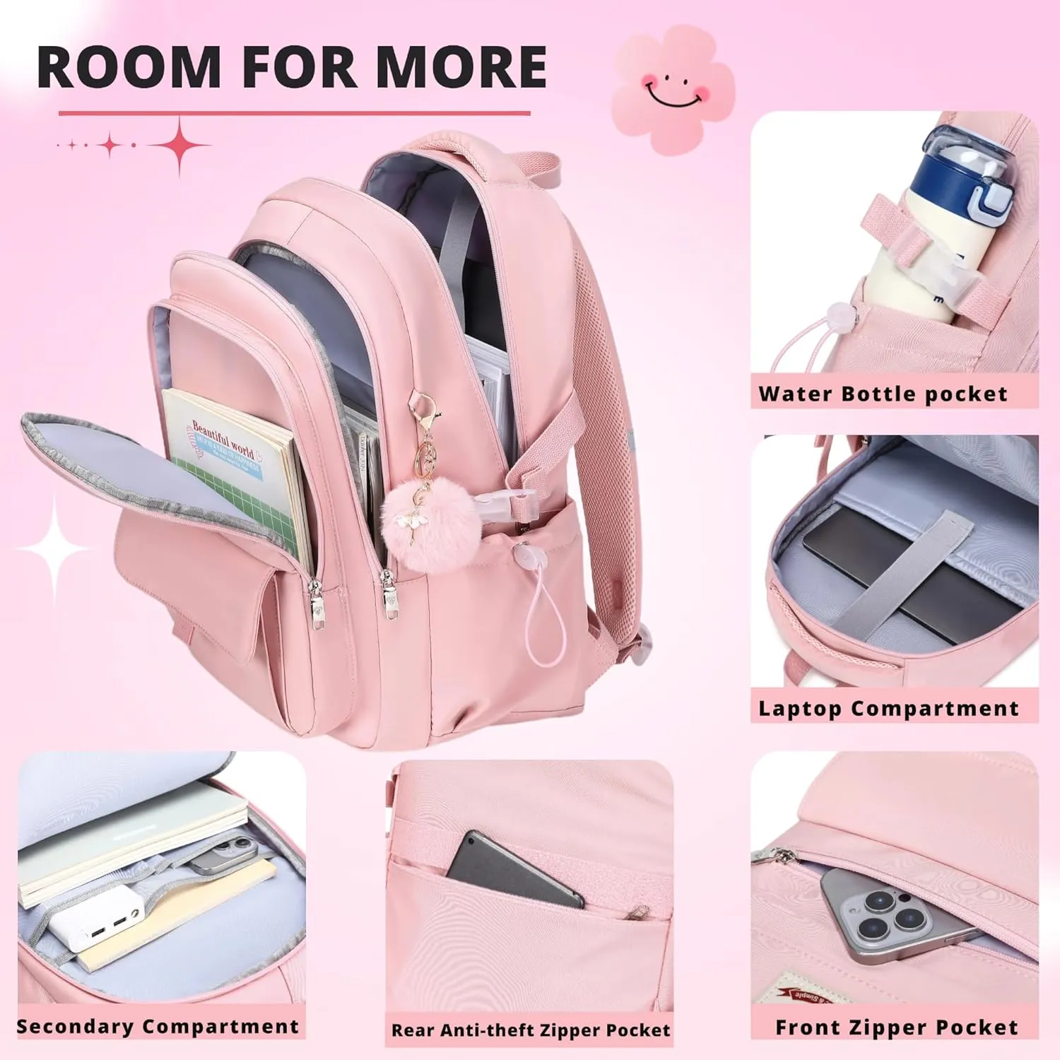 Laptop Backpack 15.6 Inch College Backpacks for Women, School Backpack for Girls,Students Aesthetic Anti Theft Travel Daypack Large Bookbags Middle High School Back Pack(Pink)