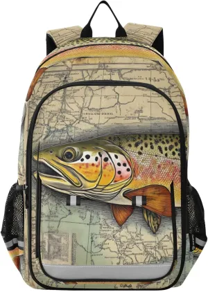 Laptop Backpack Purse Map Trout Retro for Women Men Travel Daypack Casual Shoulder Bag Book Bag Cute Cool Funny Backpack with Compartment & Multiple Pockets
