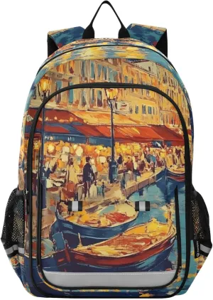 Laptop Backpack Purse Marseille Boats Landscape for Women Men Travel Daypack Casual Shoulder Bag Book Bag Cute Cool Funny Backpack with Compartment & Multiple Pockets