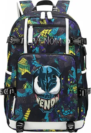 Large Basic Canvas Backpack with USB Charging Port-Venom Graphic Knapsack Classic Casual Wear Resistant Book Bag