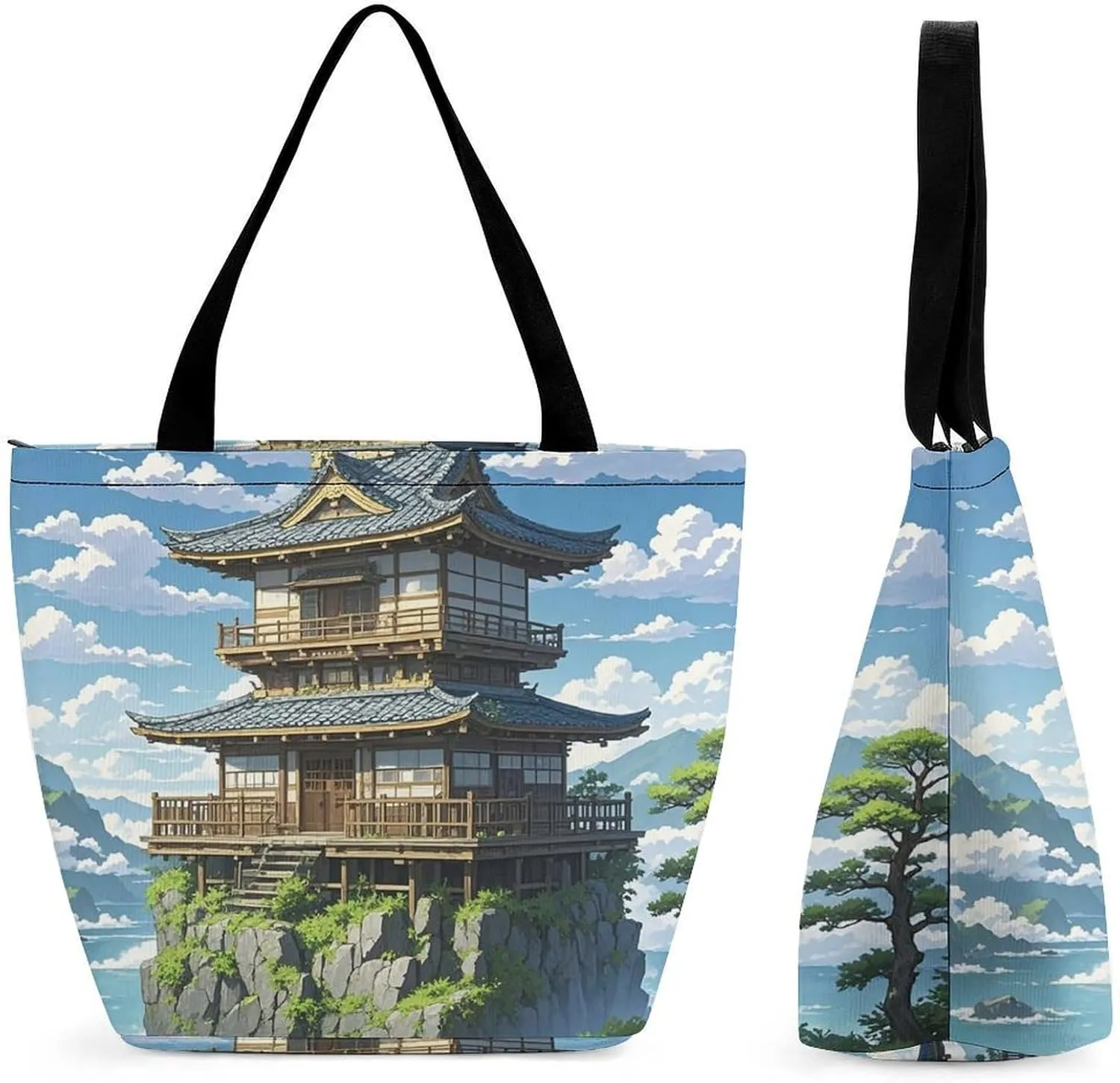 Large Capacity Tote Bag with Zipper Japanese Architecture Women Handbag with Handles Ladies Shoulder Bag with Compartments Beach Bag Shopping Bags for Travel Work