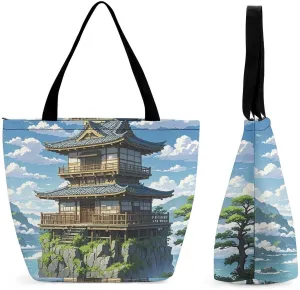 Large Capacity Tote Bag with Zipper Japanese Architecture Women Handbag with Handles Ladies Shoulder Bag with Compartments Beach Bag Shopping Bags for Travel Work