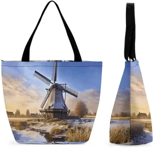 Large Capacity Tote Bag with Zipper Traditional Windmill Women Handbag with Handles Ladies Shoulder Bag with Compartments Beach Bag Shopping Bags for Travel Work