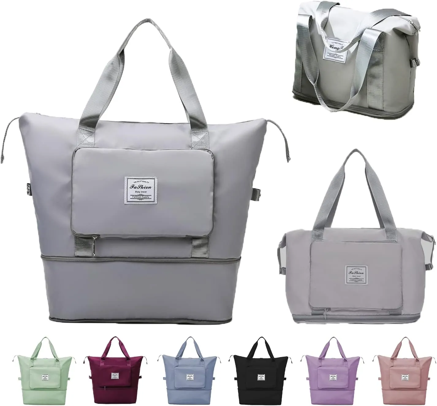 Large Capacity Travel Bag, Expandable Foldable Travel Duffel Bag, Dry and Wet Separation Portable Travel Duffel Bag, Overnight Bag for Women and Man (Grey)