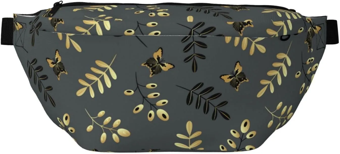 Large Fanny Packs for Women Men Cross Body - gold black butterflies twigs Travel Crossbody Bags for Women Trendy, Belt Bag for Women Men Crossbody, Waist Bag for Women With Adjustable Strap