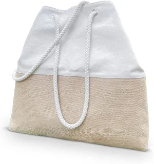Large Jute Canvas Shoulder Beach Bag | Finely Woven Eco-friendly Canvas and Jute Tote | Cute Summer Pool Bag with an Elegant White Liner and Soft Drawstring | Offered by Hydrangea Island Trading Co