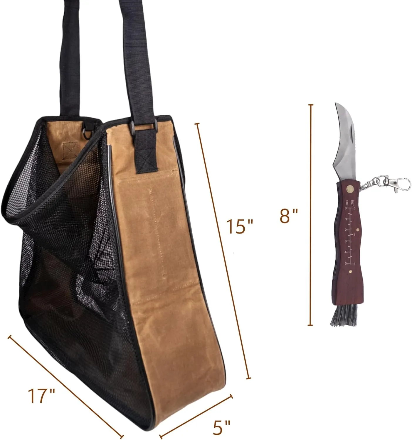 Large Waxed Canvas and Mesh Mushroom Foraging Kit with Pockets | Fruit Picking Bag for harvesting fruit and vegetables | Farmers Market Bag (Carob with Redwood Knife)