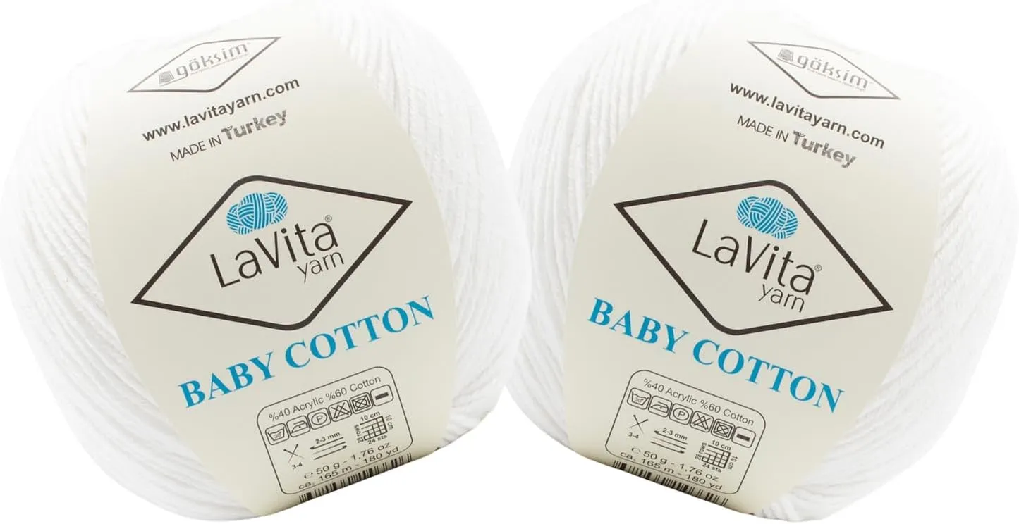 Lavita Cotton Baby Yarn for Knitting 361 Yards - Pack of 2 | Silky Acrylic for Creating Charming Baby Outfits | Hypoallergenic & Anti-Pill | 100gr Super Soft Yarn for Crocheting Blankets