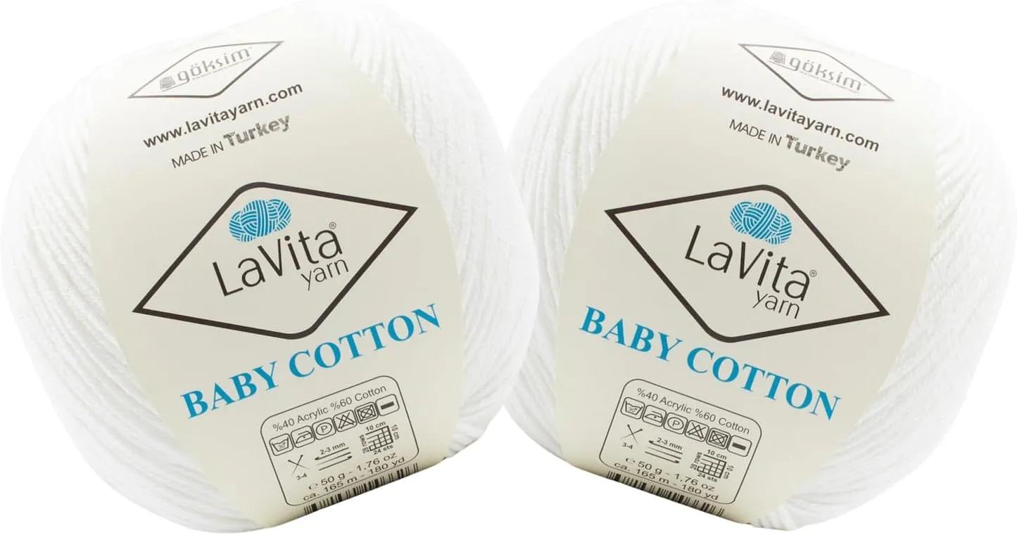 Lavita Cotton Baby Yarn for Knitting 361 Yards - Pack of 2 | Silky Acrylic for Creating Charming Baby Outfits | Hypoallergenic & Anti-Pill Yarn | 100gr Super Soft for Crocheting Blankets
