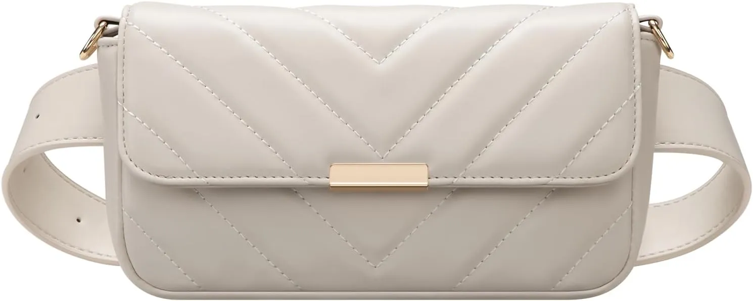 Leather Belt Bag for Women, Mini Fanny Packs Quilted Crossbody Bag Waist Pack White