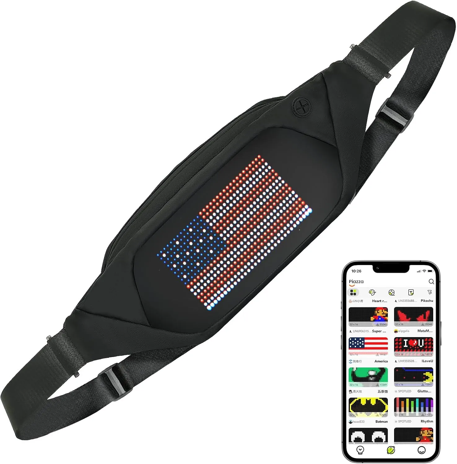 Led Fanny Packs with Bluetooth and Programmable, Crossbody Running Waist Bag DIY Backpack, LED Display Pixel Screen, for Men Women Daypack Daily Sports Mountaineering Travel
