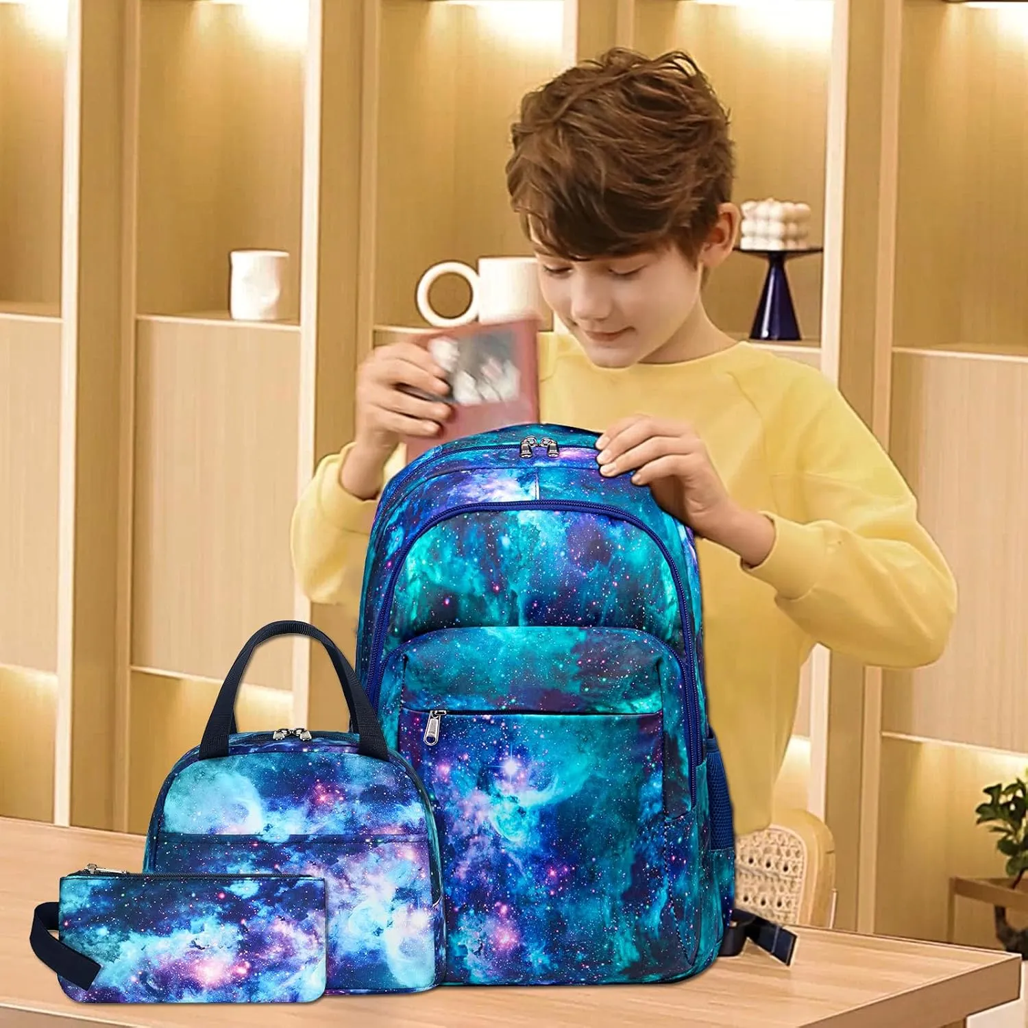 LEDAOU Backpack for Kids Boys School Bags Teen Bookbags Set School Backpack with Lunch Box and Pencil Case