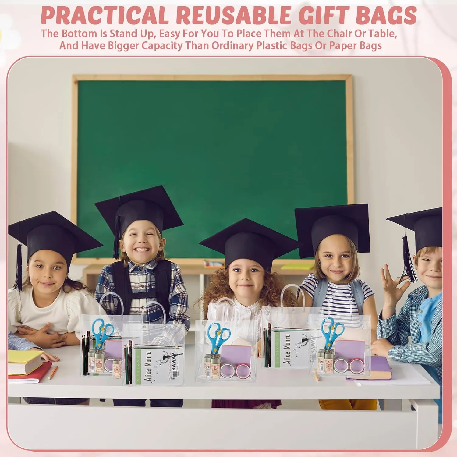 LEIFIDE 50 Pcs Clear Plastic Gift Bags with Handles PVC Reusable Transparent Totes Bags for Shopping Goodie Candy School Birthday Party(11 x 11 x 3.9 Inch)