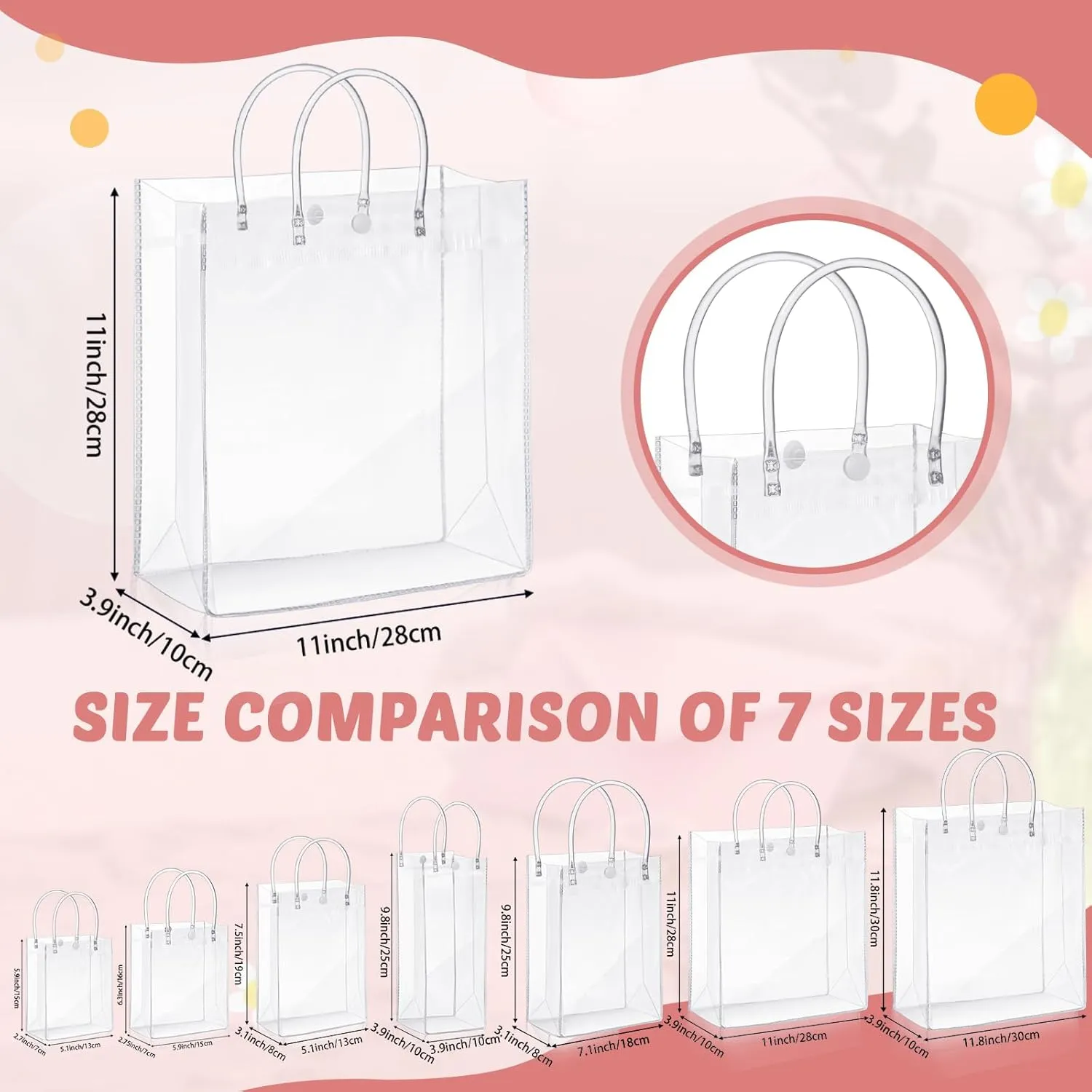 LEIFIDE 50 Pcs Clear Plastic Gift Bags with Handles PVC Reusable Transparent Totes Bags for Shopping Goodie Candy School Birthday Party(11 x 11 x 3.9 Inch)
