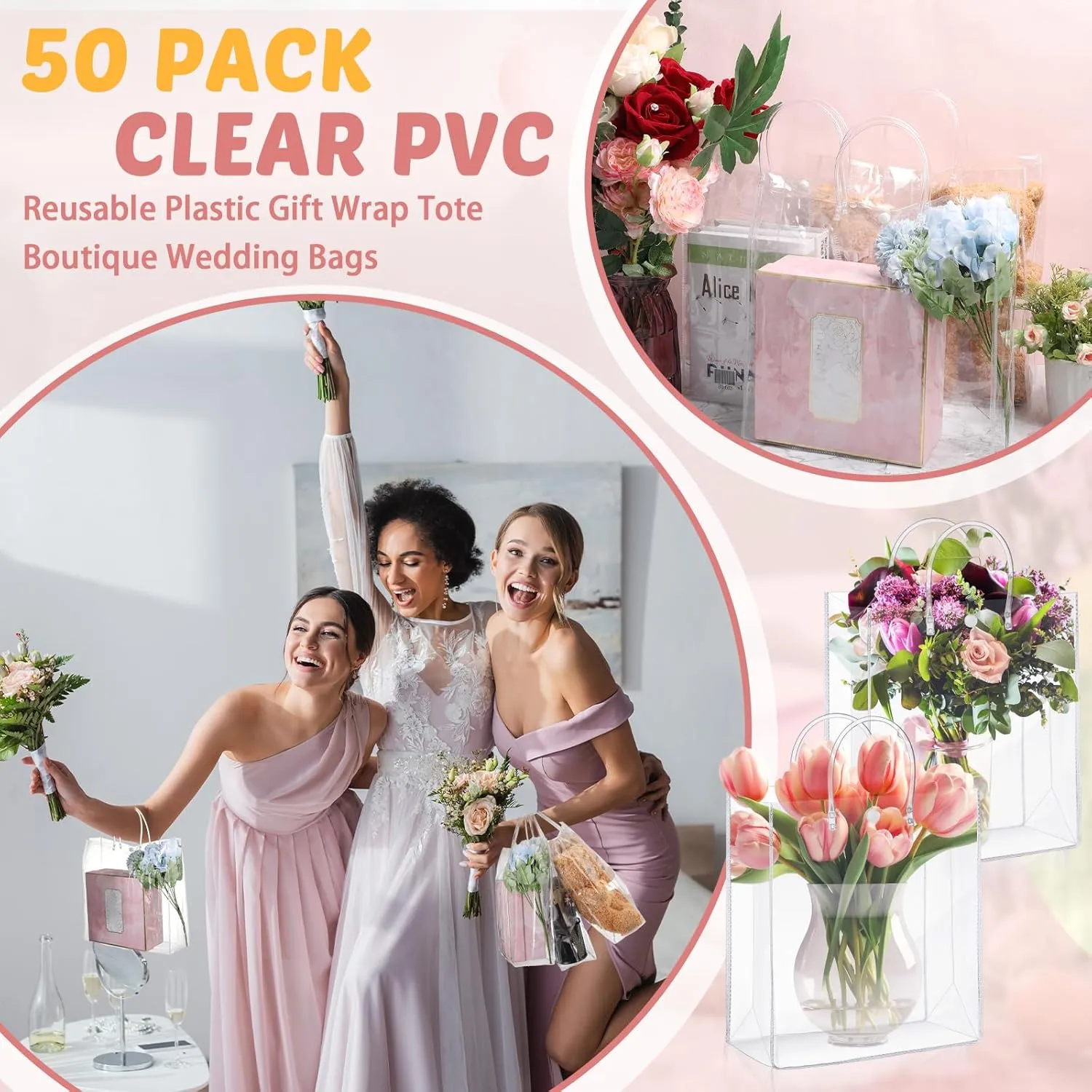 LEIFIDE 50 Pcs Clear Plastic Gift Bags with Handles PVC Reusable Transparent Totes Bags for Shopping Goodie Candy School Birthday Party(11 x 11 x 3.9 Inch)