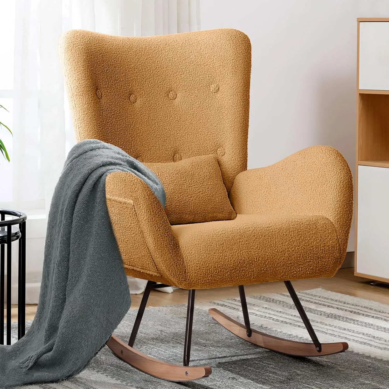 LEMBERI Rocking Chair Nursery, Teddy Upholstered Padded Seat Rocking Chair with Headrest, High Backrest Glider Accent Chair for Bedroom, Nursery, Living Room (Brown)