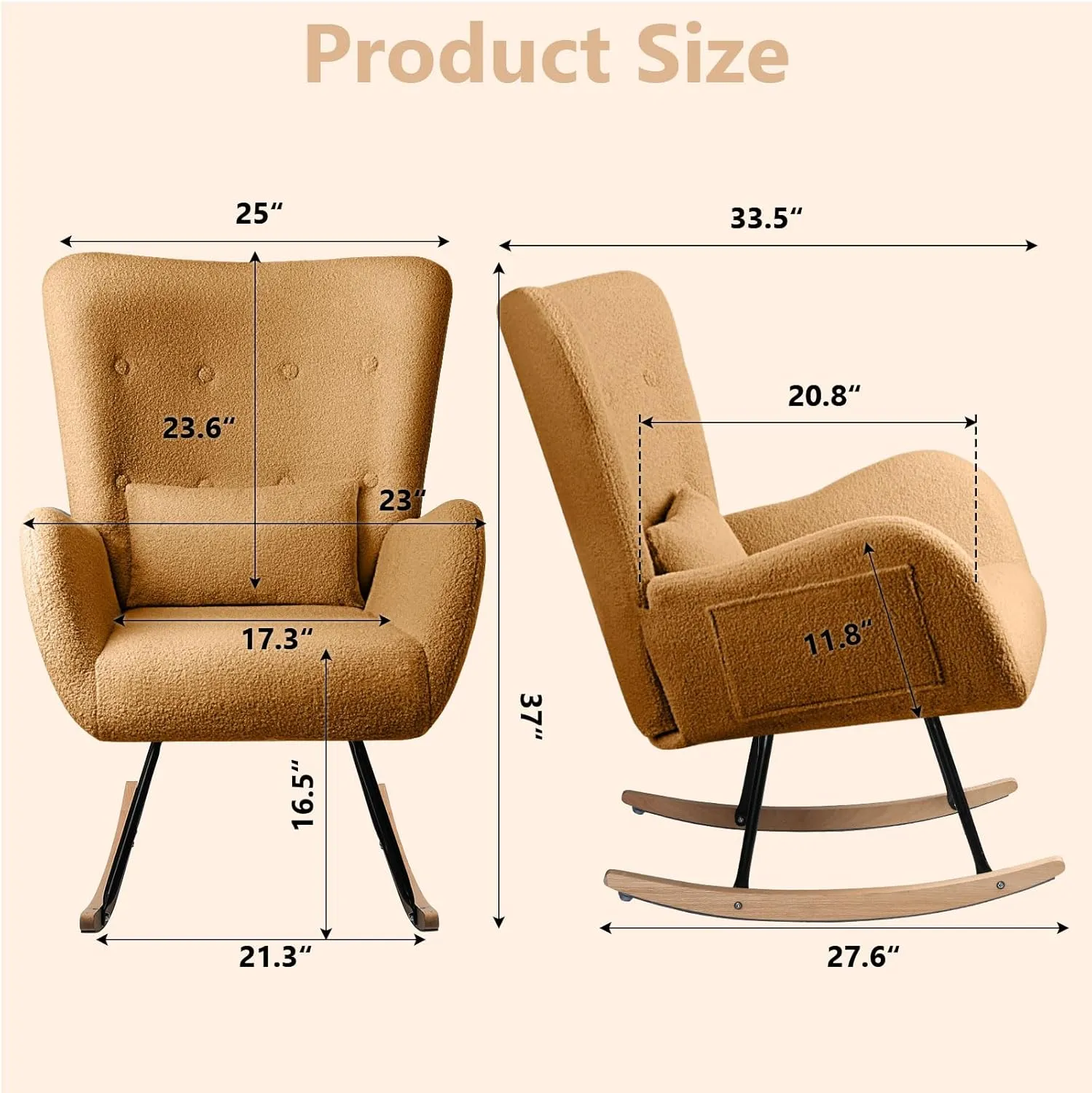LEMBERI Rocking Chair Nursery, Teddy Upholstered Padded Seat Rocking Chair with Headrest, High Backrest Glider Accent Chair for Bedroom, Nursery, Living Room (Brown)