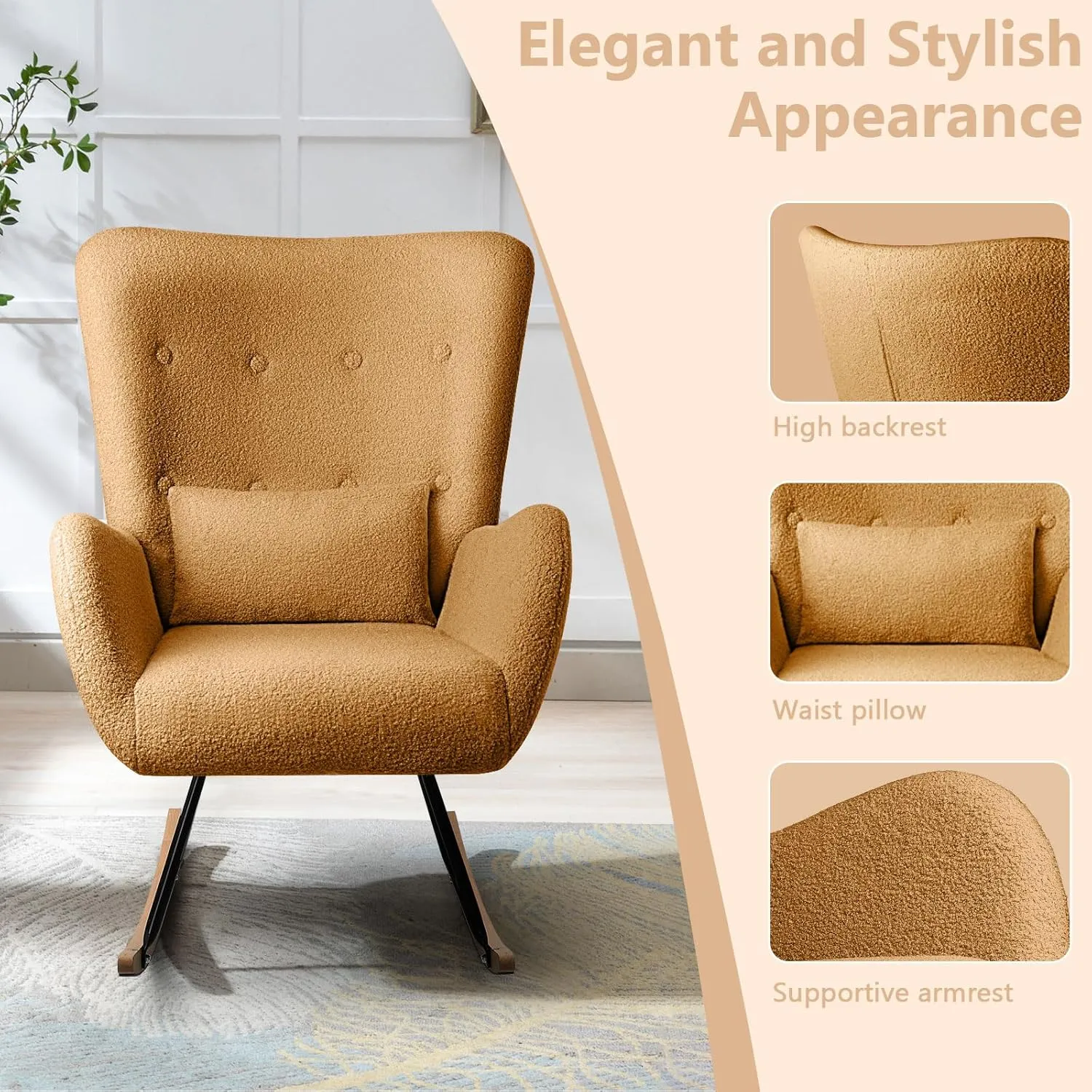 LEMBERI Rocking Chair Nursery, Teddy Upholstered Padded Seat Rocking Chair with Headrest, High Backrest Glider Accent Chair for Bedroom, Nursery, Living Room (Brown)