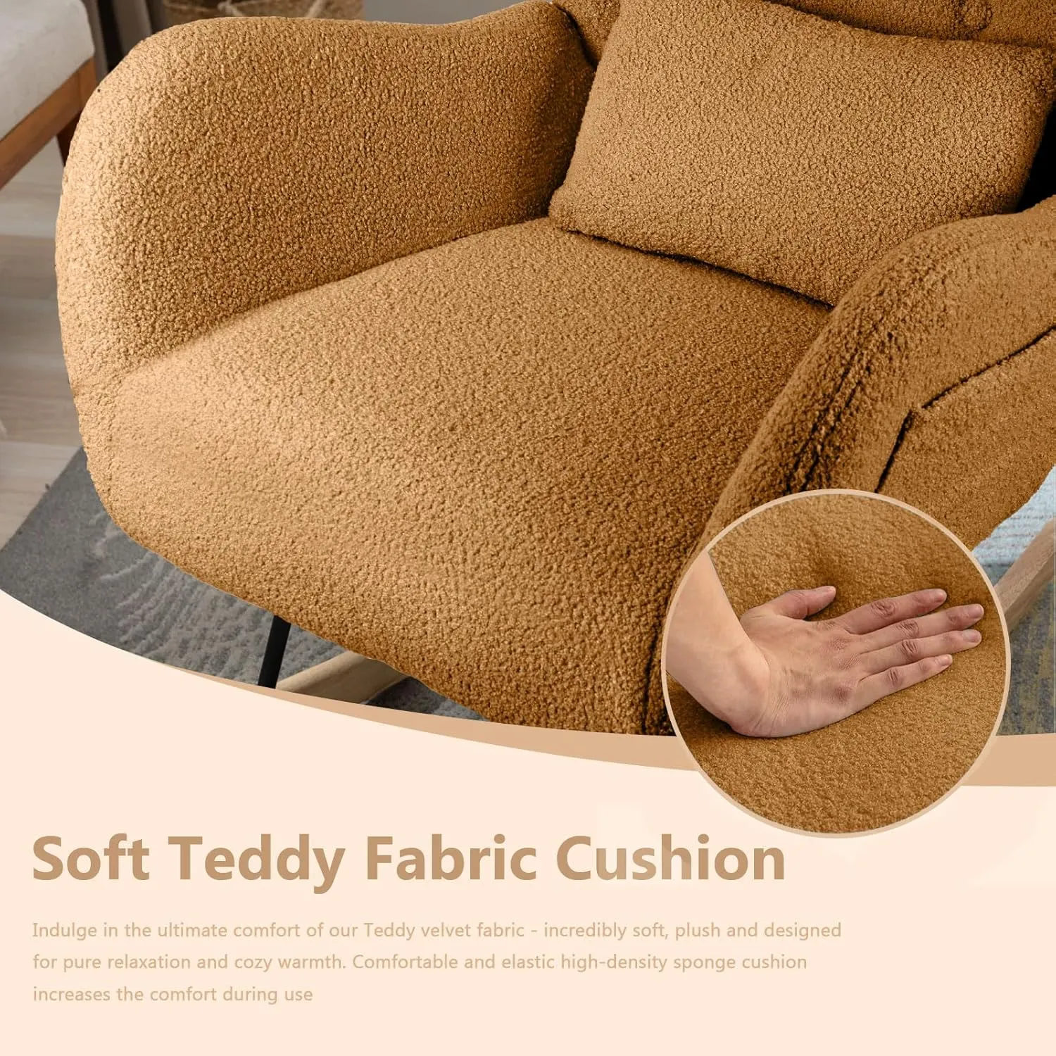 LEMBERI Rocking Chair Nursery, Teddy Upholstered Padded Seat Rocking Chair with Headrest, High Backrest Glider Accent Chair for Bedroom, Nursery, Living Room (Brown)