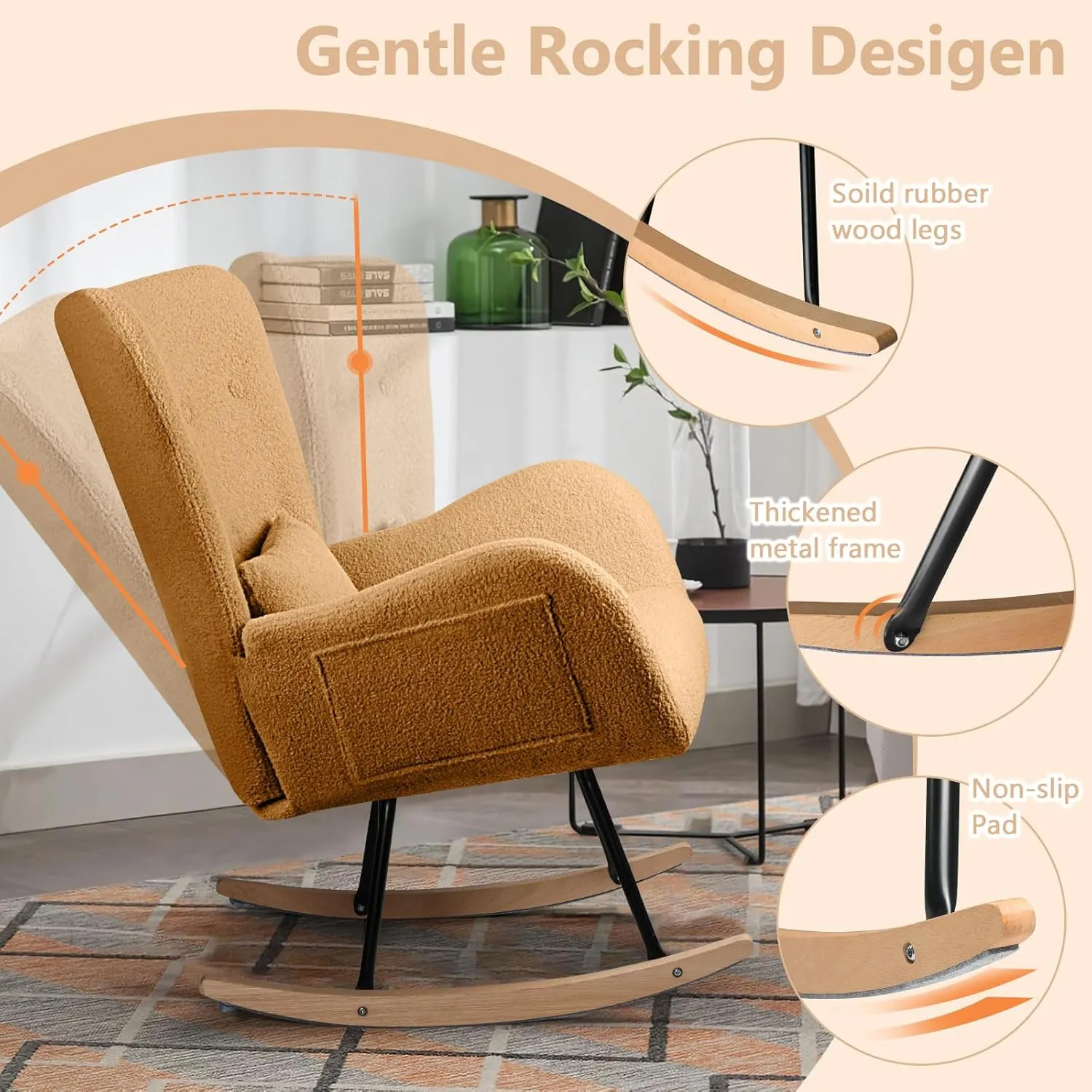 LEMBERI Rocking Chair Nursery, Teddy Upholstered Padded Seat Rocking Chair with Headrest, High Backrest Glider Accent Chair for Bedroom, Nursery, Living Room (Brown)