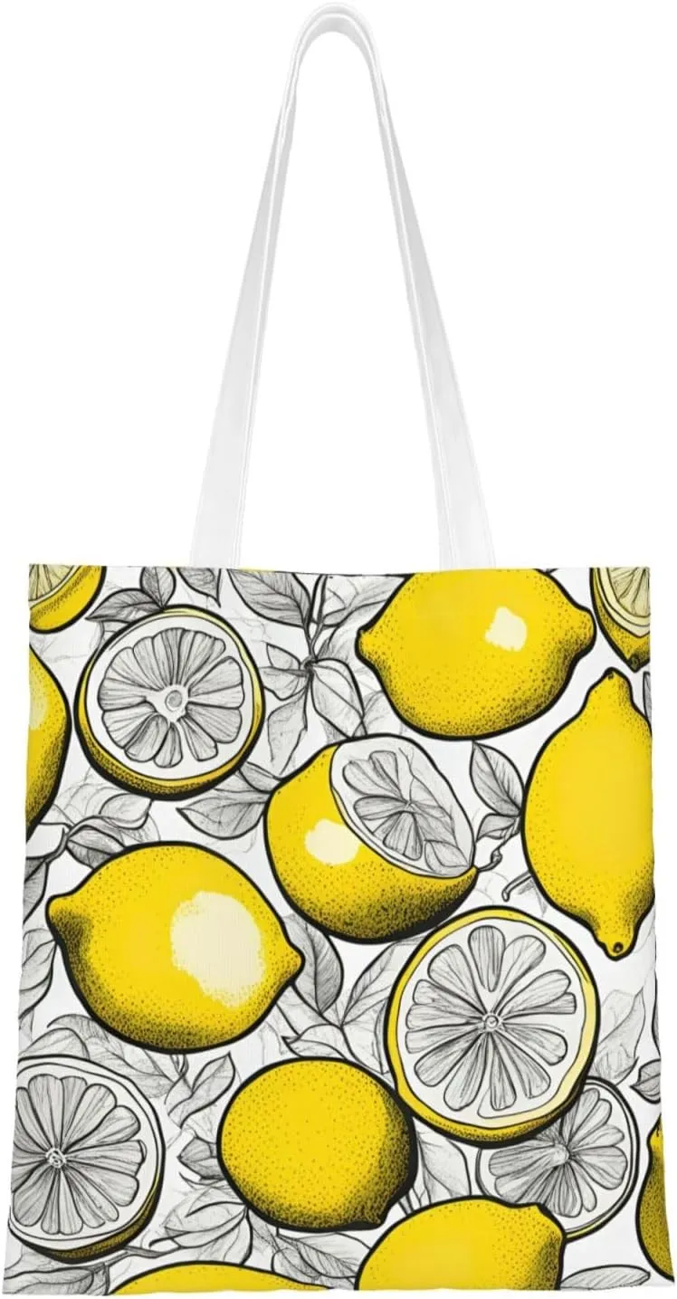 Lemon Fruit Pattern Print Canvas Tote Bag Reusable Shoulder Shopping Bags For Daily Use Shopping Travel
